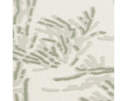 Detailopname van vliesbehang met een voelbare structuur en een lichtgroen organisch patroon van gestippelde lijnen.