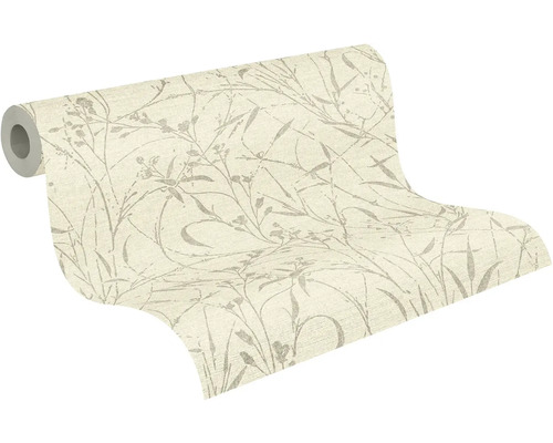 Vliesbehang met floraal patroon van verfijnde grassen en bloemen in natuurtinten.