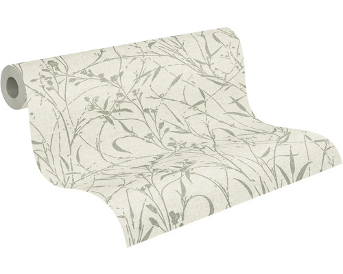 Vliesbehang met een verfijnd botanisch patroon van takken en bladeren.