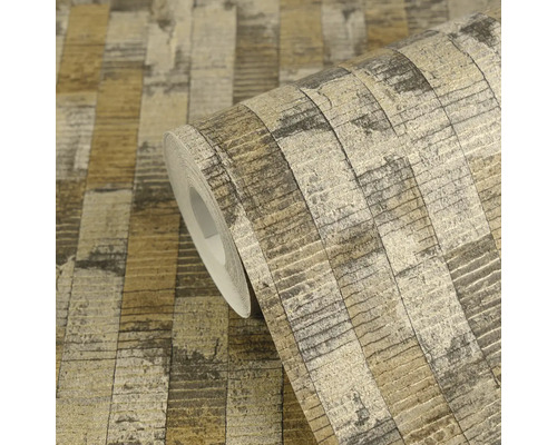 Rol behang met industrieel streeppatroon in goud, zilver en bruin met used-look en gestructureerd oppervlak.