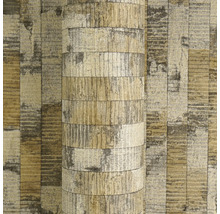 Vliesbehang met gestructureerd blokpatroon in houtlook en steenlook.