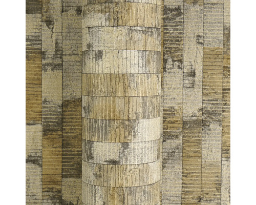 Vliesbehang met gestructureerd blokpatroon in houtlook en steenlook.