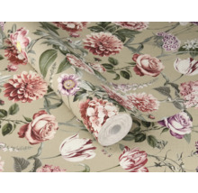 Vliesbehang met bloemenpatroon van rozen en dahlia's in diverse tinten op een beige ondergrond.