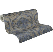 Vliesbehang met barok ornamentpatroon in blauw en grijs met vintage effect.