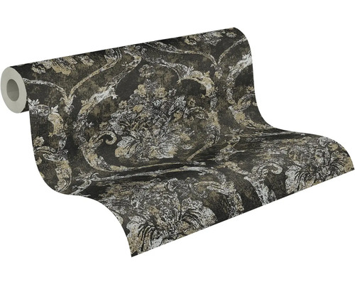 Rol vliesbehang met barok bloemenpatroon in donkere en lichte tinten voor wanddecoratie.
