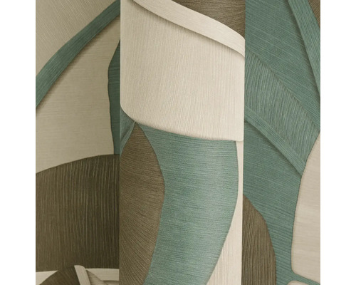 Vliesbehang met abstract bladerpatroon en voelbare oppervlaktestructuur.