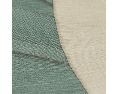Vliesbehang met fijne linnenstructuur en geometrisch patroon in groen en beige.
