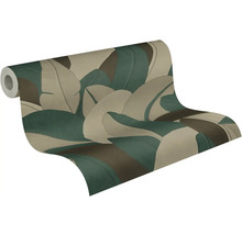 Behangrol met groot bananenbladmotief in groene, beige en bruine tinten, gestructureerd oppervlak.