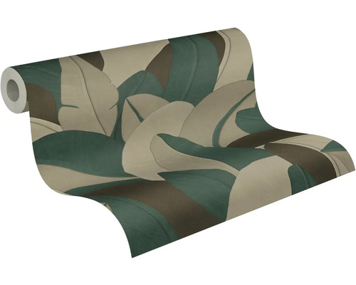 Behangrol met groot bananenbladmotief in groene, beige en bruine tinten, gestructureerd oppervlak.