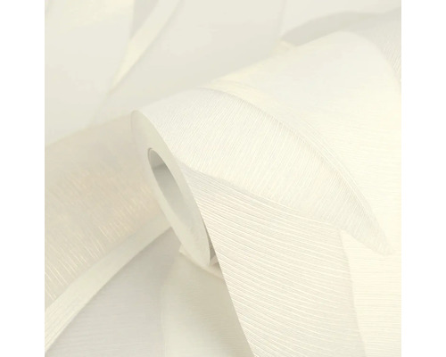 Wit gestructureerd vliesbehang met waaiervormig patroon op een rol.