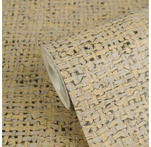 Vliesbehang met bastlook, gevlochten patroon in beige en grijs.