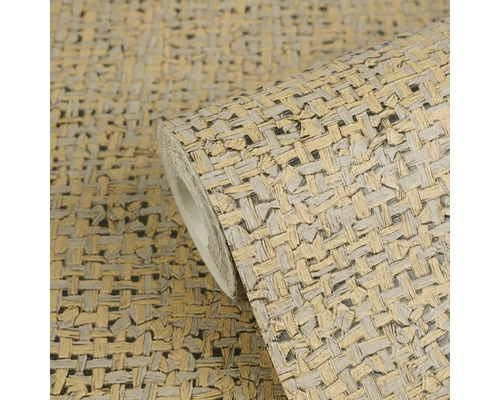 Vliesbehang met bastlook, gevlochten patroon in beige en grijs.