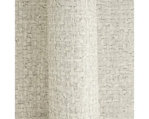 Beige vliesbehang met gestructureerde bastlook en grof gevlochten patroon.