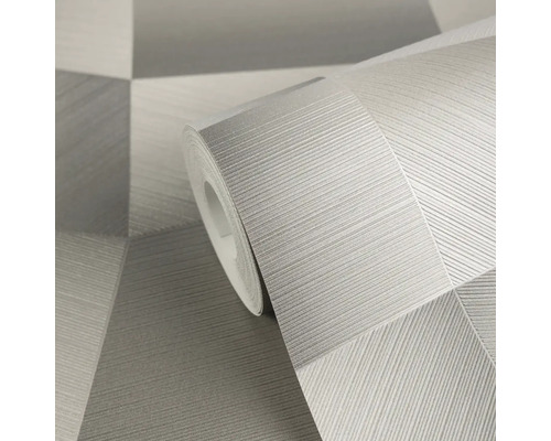 Grijs vliesbehang op rol met geometrisch patroon en fijne lijnstructuur.