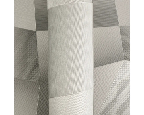Vliesbehang met modern geometrisch patroon van driehoeken en fijne lijnenstructuur.
