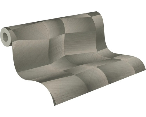Behangrol met driedimensionaal geometrisch patroon in grijs, gestructureerde metallic look.