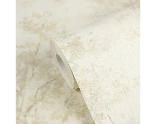 Gestructureerd vliesbehang met abstract metallic patroon in crème en beige.