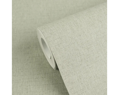 Beige gestructureerd behang met linnenlook op een rol.