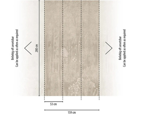 Behangpatroon met bosmotief en maataanduidingen