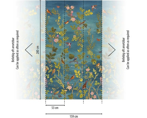 Behangwand met vogel- en plantenmotief, afmetingen 280 x 159 cm