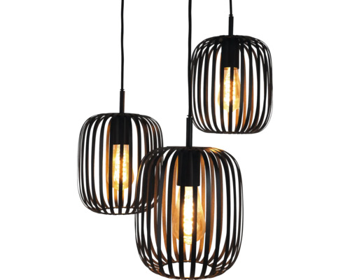 Drie hanglampen met zwart metalen frame en gloeilampen