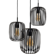 Drie hanglampen met zwarte metalen kooi en gloeilamp