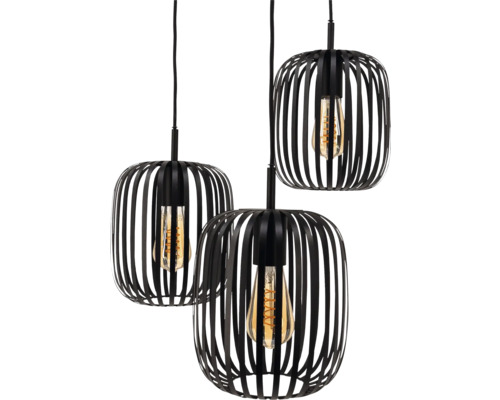 Drie hanglampen met zwarte metalen kooi en gloeilamp