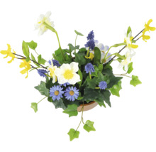 Decoratief kunstbloemstuk met diverse kunstbloemen en groene bladeren in een pot