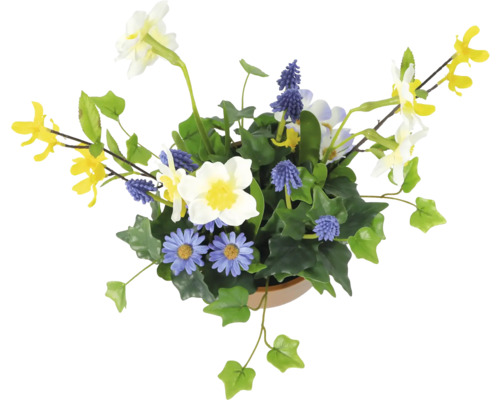 Decoratief kunstbloemstuk met diverse kunstbloemen en groene bladeren in een pot