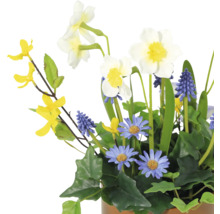 Bloemstuk met narcissen, blauwe druifjes en margrieten in pot