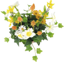 Decoratieve kunstbloemen in een pot met witte, gele en oranje bloemen