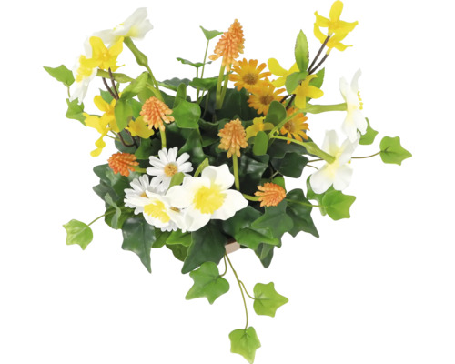 Decoratieve kunstbloemen in een pot met witte, gele en oranje bloemen