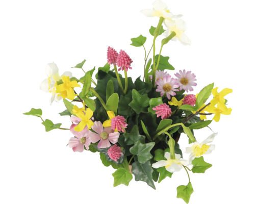 Bloemstuk met diverse bloemen en groene bladeren