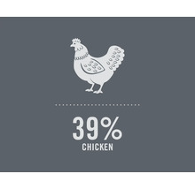 Afbeelding met een illustratie van een kip en het percentage van 39 procent kip