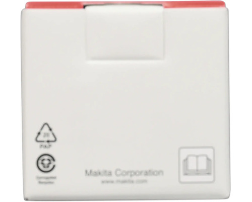 Makita Corporation Logo, symbolen voor papierrecycling en instructie voor het lezen van de handleiding op een verpakking.