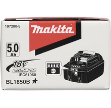 Verpakking van een Makita 18 Volt 5,0 Ampère-uur Lithium-Ion accu model BL1850B met laadstatusindicator en Makita Logo.