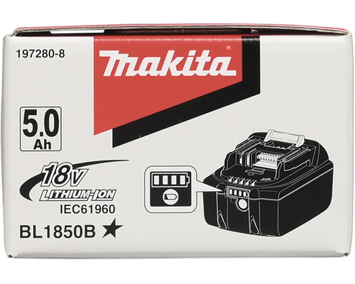Verpakking van een Makita 18 Volt 5,0 Ampère-uur Lithium-Ion accu model BL1850B met laadstatusindicator en Makita Logo.