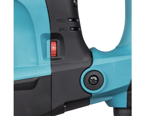 Detail van een stelwiel voor de snelheid op een elektrisch gereedschap met indicatielampjes voor voeding en onderhoud.