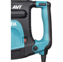 Detailweergave van de handgreep van een elektrisch gereedschap met antivibratietechnologie-logo, aan-uitschakelaar, toerentalregelaar en indicatielampjes.