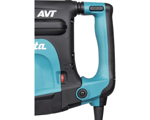 Detailweergave van de handgreep van een elektrisch gereedschap met antivibratietechnologie-logo, aan-uitschakelaar, toerentalregelaar en indicatielampjes.