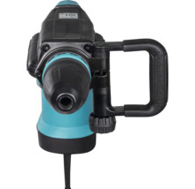 Makita boorhamer vooraanzicht met zwarte boorkop, turquoise behuizing en zwarte D-handgreep.