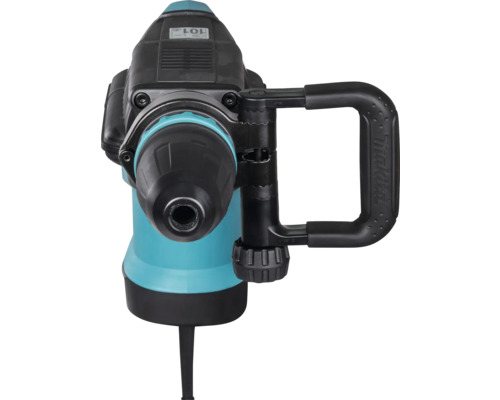 Makita boorhamer vooraanzicht met zwarte boorkop, turquoise behuizing en zwarte D-handgreep.