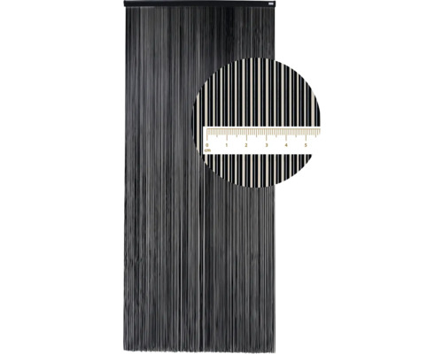 Zwart draadgordijn met close-up van de draden en een meetlat.