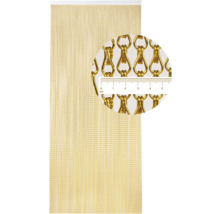 Goudkleurig kettinggordijn met detailopname van de kettingschakels en centimeteraanduiding