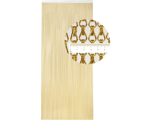 Goudkleurig kettinggordijn met detailopname van de kettingschakels en centimeteraanduiding