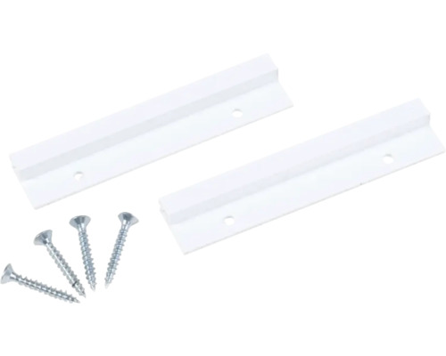 Twee witte kunststof geleiderails met vier schroeven