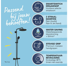 Grohe douchesysteem met SmartSwitch draaiknop, drie straalsoorten, waterbesparingsfunctie, metalen handgrepen en temperatuurbeveiliging