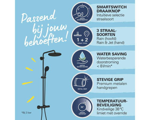 Grohe douchesysteem met SmartSwitch draaiknop, drie straalsoorten, waterbesparingsfunctie, metalen handgrepen en temperatuurbeveiliging
