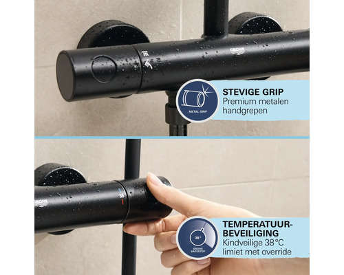 Grohe douchekraan met metalen handgrepen en temperatuurbegrenzer