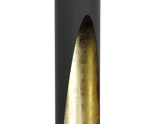 Detailopname van een zwarte lamp met goudkleurige binnenkant